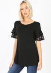 Ruffled Lace Sleeve Tee - Black