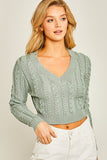 Cropped Cable V-Neck Sweater