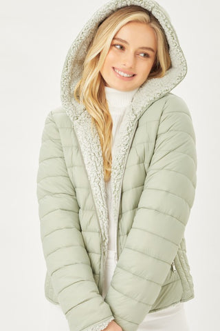 Reversible Sherpa Puffer Jacket-Moss