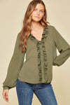 Front Ruffle Button Blouse-Olive