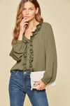 Front Ruffle Button Blouse-Olive