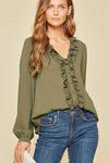 Front Ruffle Button Blouse-Olive