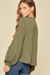 Front Ruffle Button Blouse-Olive