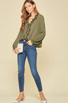 Front Ruffle Button Blouse-Olive