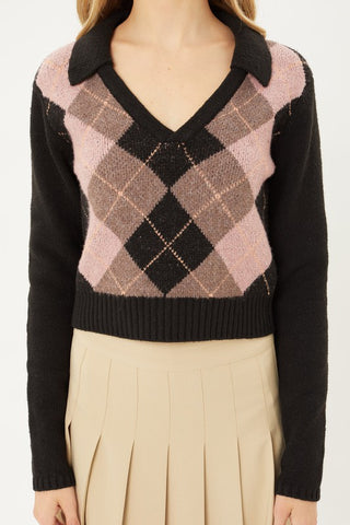 Argyle Pattern Collared Sweater Top