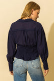 Ruched Basket Weave Top-Navy