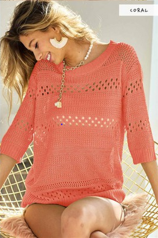 Pointelle Knit Top-Coral